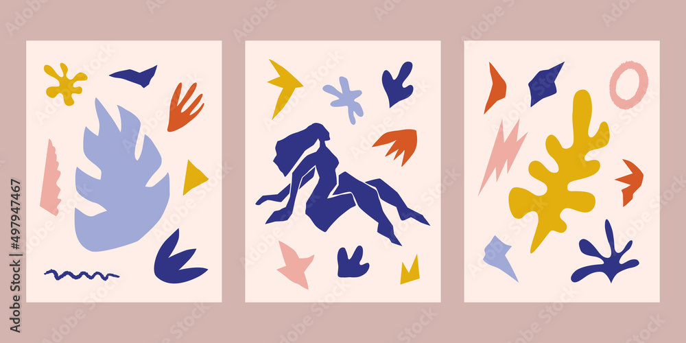Set of collage postes for design. Trendy minimal flat memphis Matiss style elements. Abstract shapes. Hand drawn vector illustration. Isolated on background.