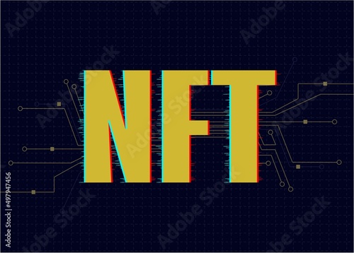 NFT nonfungible tokens text on dark background. Crypto art concept. Pay for unique collectibles in games or art.