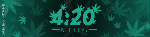 420 Creative Concept with Marijuana or Cannabis Leaves. Composition and Numerals Logo Lettering. Turquoise Background. Hand Drawn Design. THC. CBD. weed day