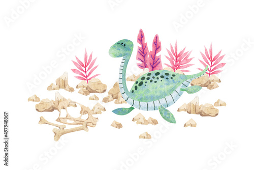 Watercolor illustration with cute turquoise dinosaurs. an be used for stationery design (postcards, calendars, notebooks, booklet etc.), clothing print, etc., phone case design etc © AnnaHebi