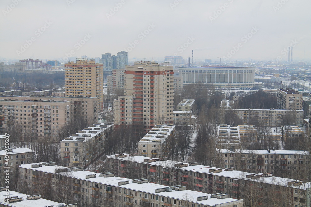 An aerial view over a residential area in typical Soviet architecture 