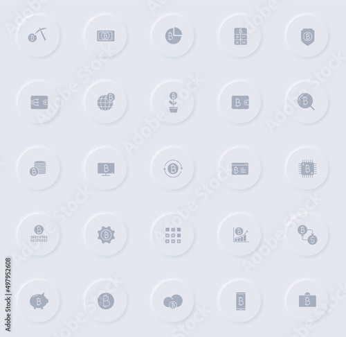 bitcoin gray vector icons on round rubber buttons. bitcoin icon set for web, mobile apps, ui design and promo business polygraphy