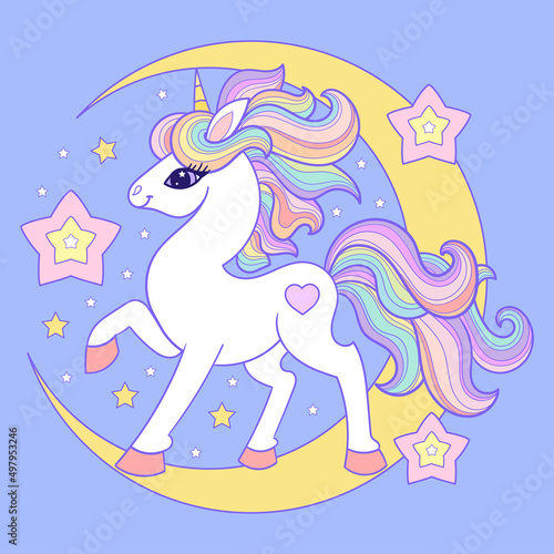 A beautiful, white unicorn with a rainbow mane on the moon. Magical, fantastic animal. For children's print design. posters, postcards, stickers, otata and so on. Vector