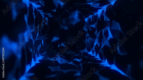 Space fantasy tunnel. Network connection structure cyberspace with moving particles in a wormhole. Big data visualization. Abstract cyber security background in the shape of funnel. 3D rendering.