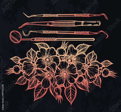 Vector illustration. Dental instruments, bouquet of rose hips, print on t-shirt, line art style, background  chalkboard, Handmade