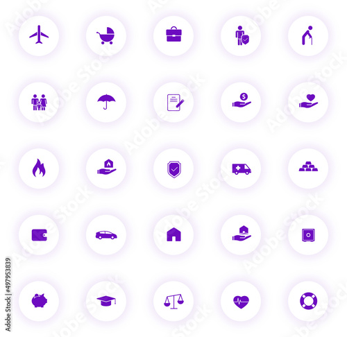 insurance purple color vector icons on light round buttons with purple shadow. insurance icon set for web, mobile apps, ui design and print