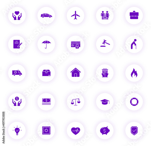 insurance purple color vector icons on light round buttons with purple shadow. insurance icon set for web, mobile apps, ui design and print