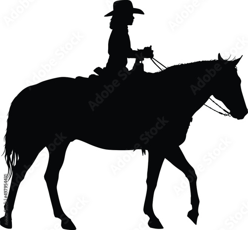 Vector silhouette of a young girl riding a horse.