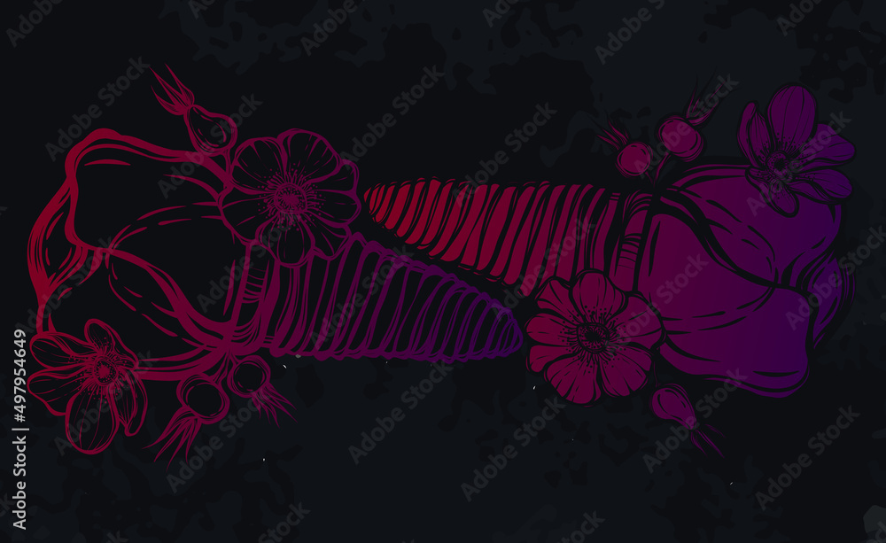 Vector illustration. Tooth implant on a metal pin, prosthetics, dentistry, rose hips, print on t-shirt, line art style, background chalkboard, Handmade