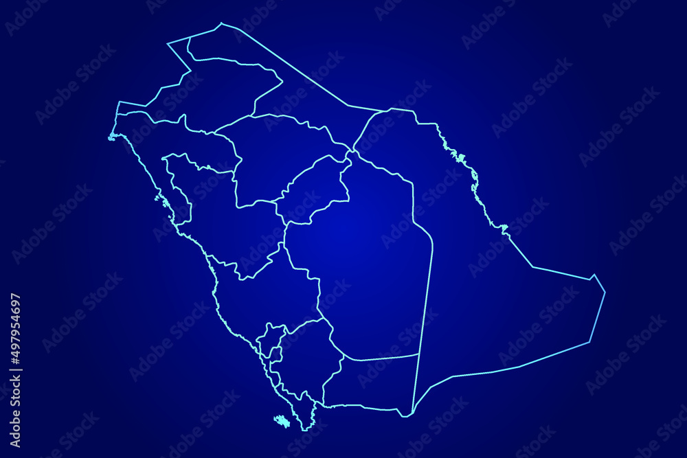 Saudi Arabia Map of Abstract High Detailed Glow Blue Map on Dark Background logo illustration	