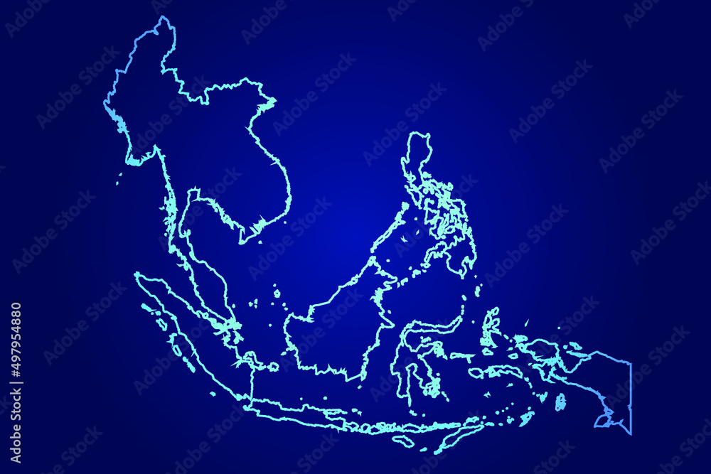 Obraz premium Southeast Asia Map of Abstract High Detailed Glow Blue Map on Dark Background logo illustration 
