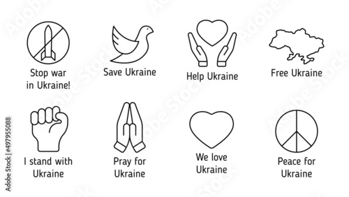stop war in Ukraine outline vector icons with letterings isolated on white. i stand with Ukraine. peace for Ukraine. pray for Ukraine