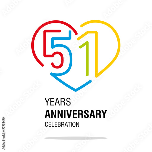 51 years anniversary celebration decoration colorful number bounded by a loving heart modern love line design logo icon white background