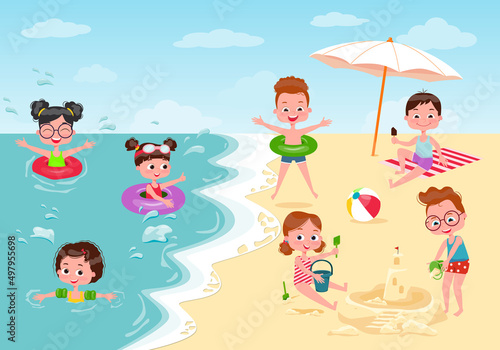Children and beach entertainment. Kids in a summer camp, sunbathing on the seashore in a tropical resort. Children bathe and swim in the open sea. Vector illustration © Natalia