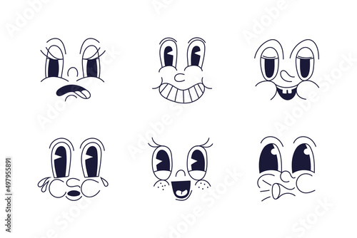 Cartoon mascot 30s retro comic face. Vintage characters with different facial expressions. Old style cute head parts with smile, eyes , mouth. Vector illustration of persona creator elements