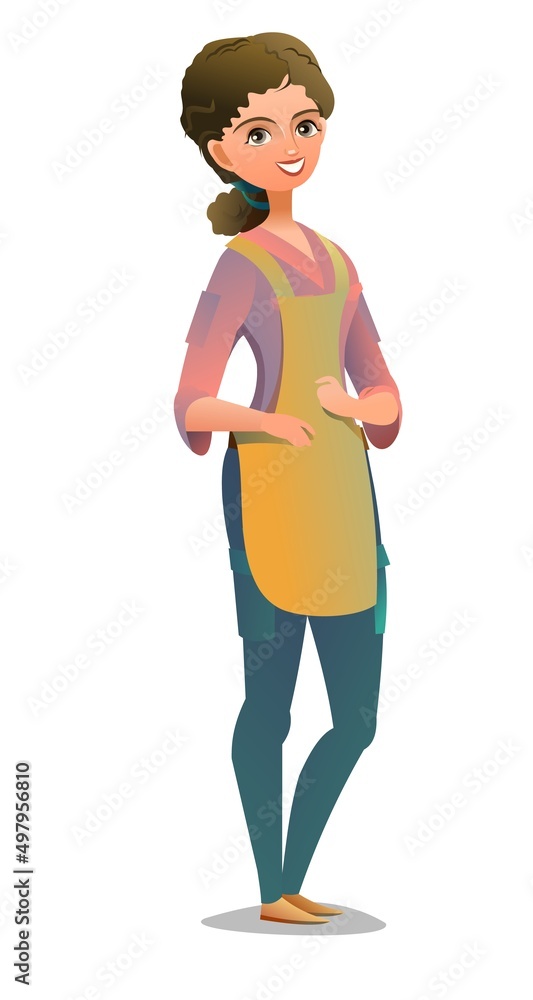 Little girl craftsman or artist. Teen in apron. Master in workwear. Cheerful person. Standing pose. Cartoon comic style flat design. Single character. Illustration isolated on white background. Vector Little girl craftsman or artist. Teen in apron. Master in workwear. Cheerful person. Standing pose. Cartoon comic style flat design. Single character. Illustration isolated on white background. Vector