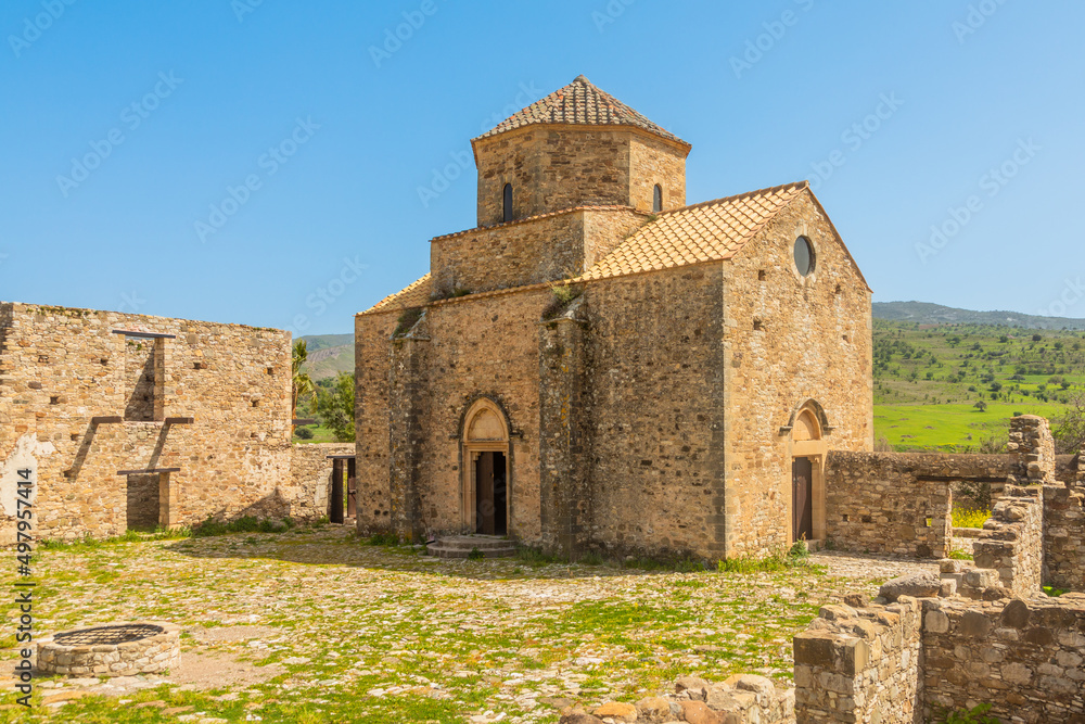 Ruins of Panagia tou Sinti ortodox Monastery with temple in the center, Cyprus