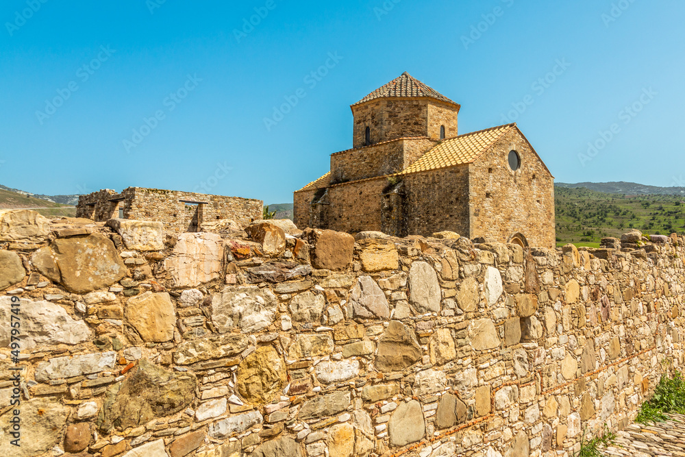 Ruins of Panagia tou Sinti ortodox Monastery with temple in the center, Cyprus