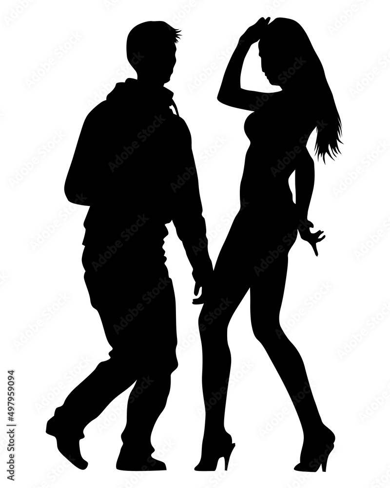 Beauty young girl and man dancing down street. Isolated silhouette on white background