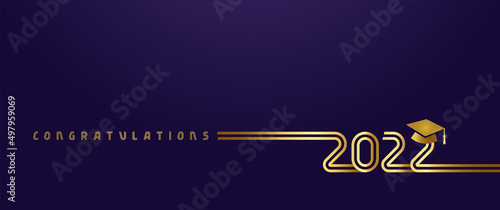 Class of 2022 year graduation horizontal card. Class off event, ountline stroke golden calligraphy. Isolated abstract graphic design template. Square cylinder. Graduating hat, creative number.