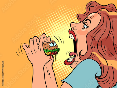 Woman bites cute burger character in restaurant, Fast food humor