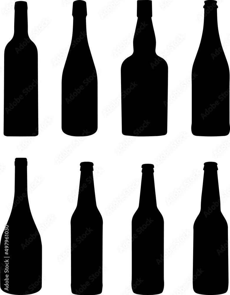 Various Black Silhouette Bottles of Wine, Beer and Soda