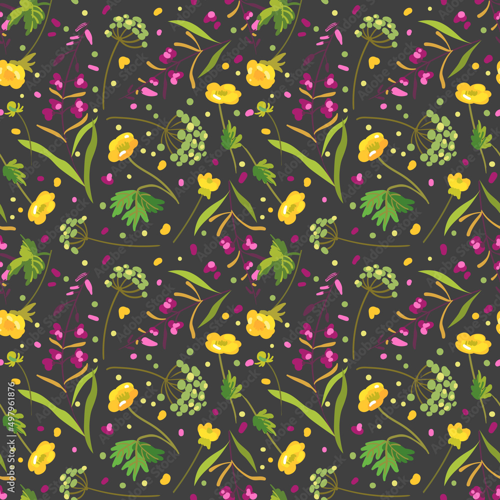 Wild flowers seamless pattern. Hand drawn vector illustration. Wild flowers seamless pattern. Hand drawn vector illustration.