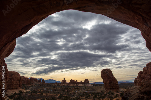Nice view from the Double arch. Evening light and clouds in the sky