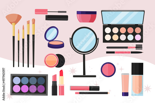 Tools for makeup. A set of cosmetics icons. Eye shadow, powder, brushes, lipstick, lip gloss, lip pencil, mascara, blush, foundation, eyebrow pencil, mirror, cream. Women's Cosmetics. 