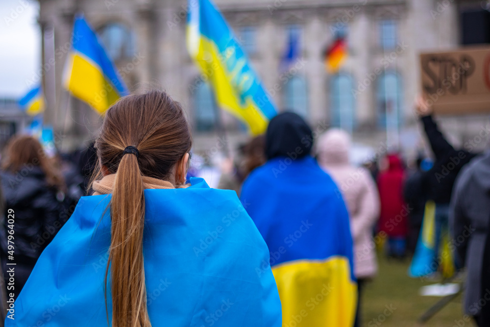 Berlin, Germany 07 april 2022: Peaceful protest against the war and genocide in Ukraine