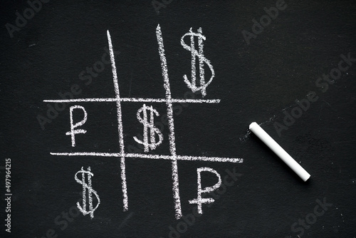 The dollar beats the ruble in tic-tac-toe. Dollar and ruble symbols on the tic-tac-toe field.
