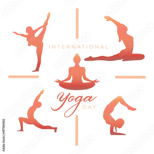 Happy International Yoga Day 21 June poster logo different asana silhouette set collection vector design
