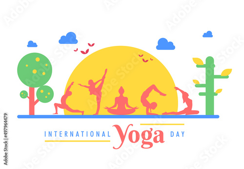 Yoga Day 21 June poster logo different type morning asana silhouette set collection vector design banner