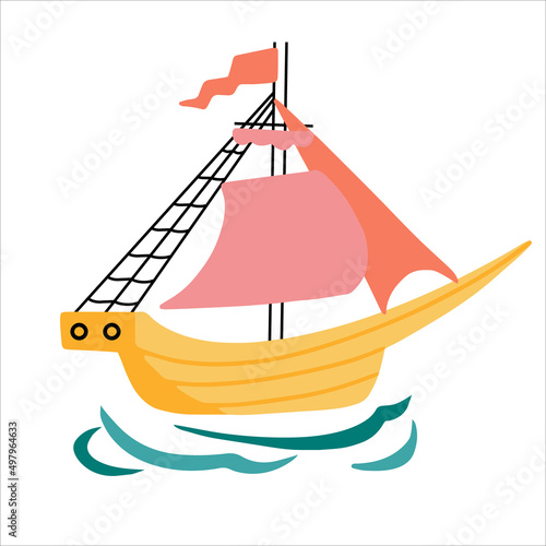 Vintage wooden ship with sails in the sea icon hand drawn in doodle style. Vector illustration.