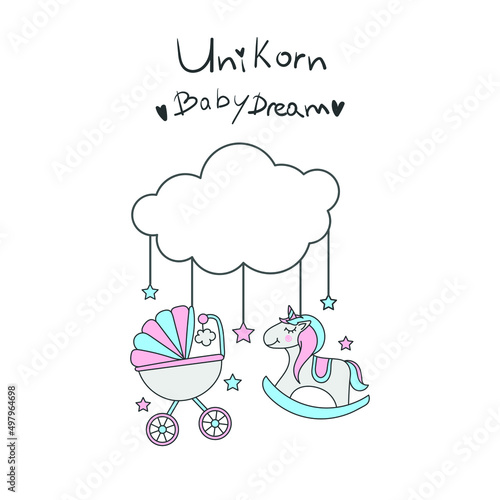 A stroller and a unicorn are hanging on a cloud