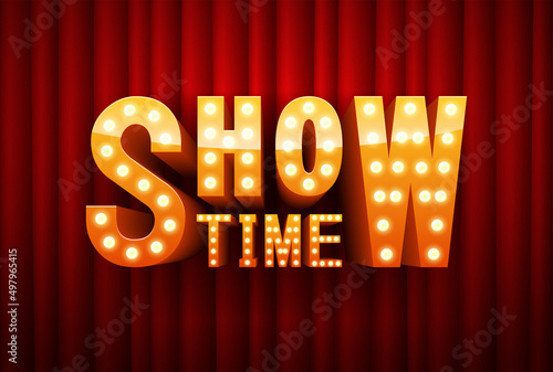 Show Time. text with electric bulbs frame on red background. Vector illustration