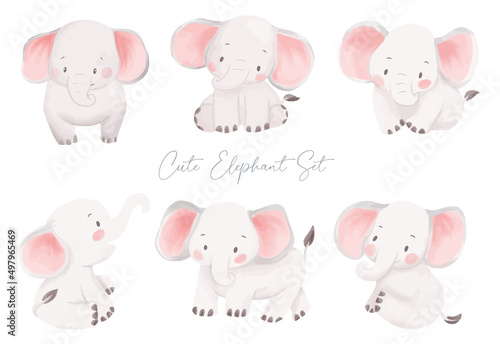 Cute Little Baby Elephant watercolor hand drawing illustration. Children wild safari animal set