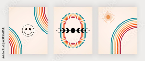 Hippie retro wall art prints with boho rainbow shapes
