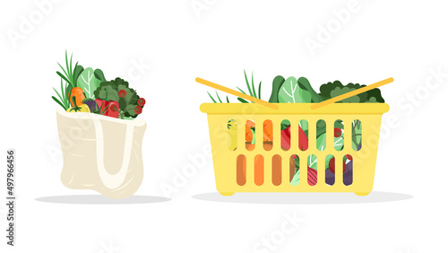 Vegetables in a shopping bag and the yellow basket in the supermarket .isolated on white background ,Vector illustration EPS 10