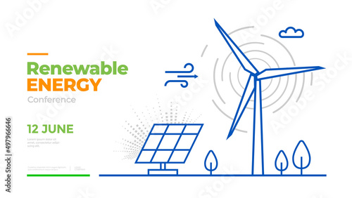 Renewable Energy presentation banner. Landing page with illustrations solar panels, and wind generator.