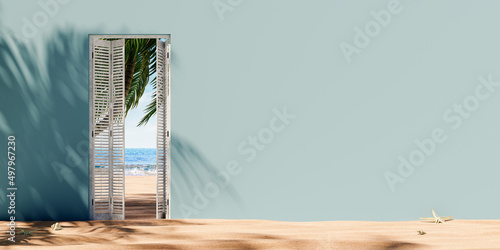 Fototapeta Naklejka Na Ścianę i Meble -  Opened door at the sand beach with sea view and empty wall background. Summer vacation concept. 3D Rendering, 3D Illustration
