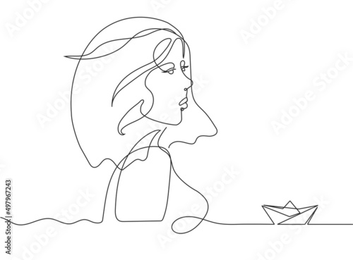 Sad woman looks into the distance. A lone paper boat floats on the water. Single line drawing, line art. Black and white illustration in the style of minimalism. Girl with flowing hair.
