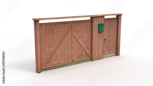 Old wooden gate render on a white background. 3D rendering