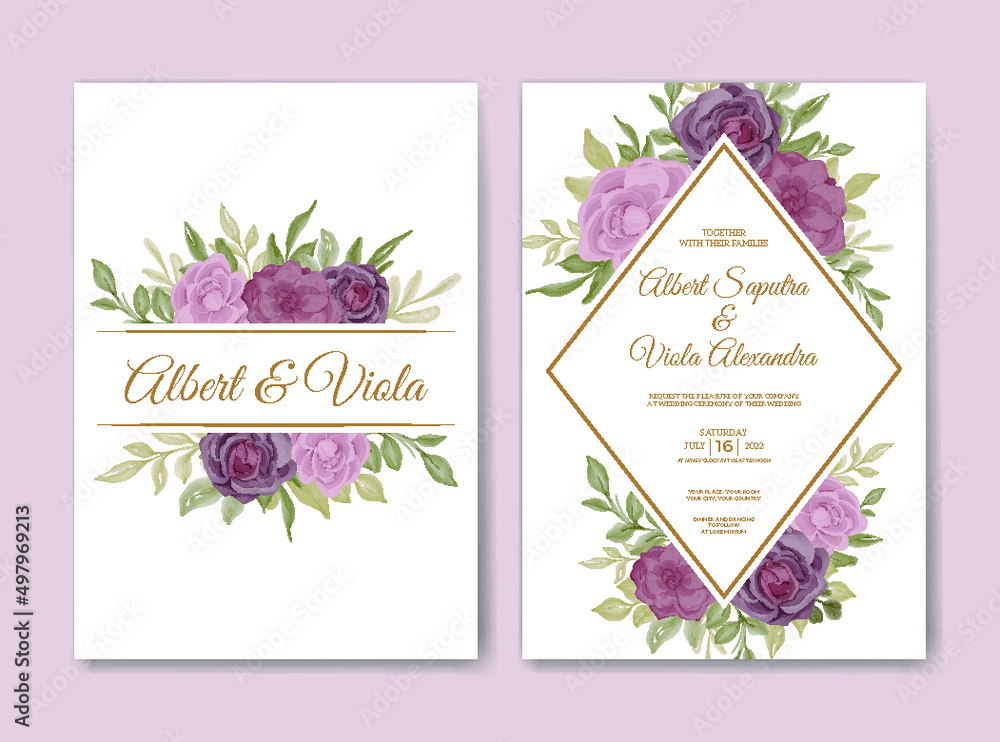 wedding invitation with rose and leaves watercolor decoration
