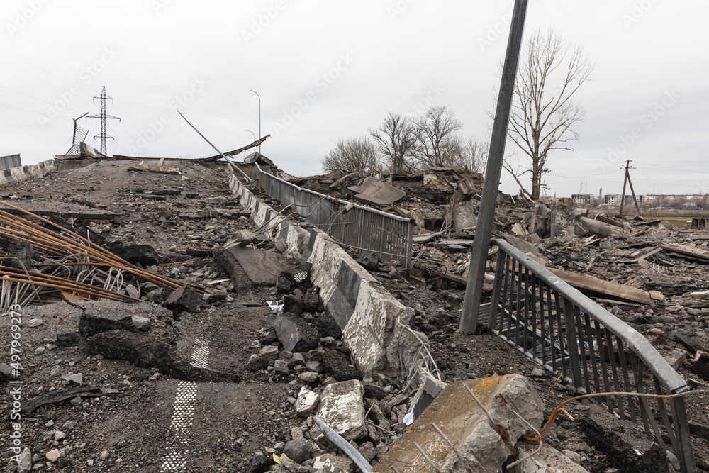 War in Ukraine. Blown up bridge in Borodyanka