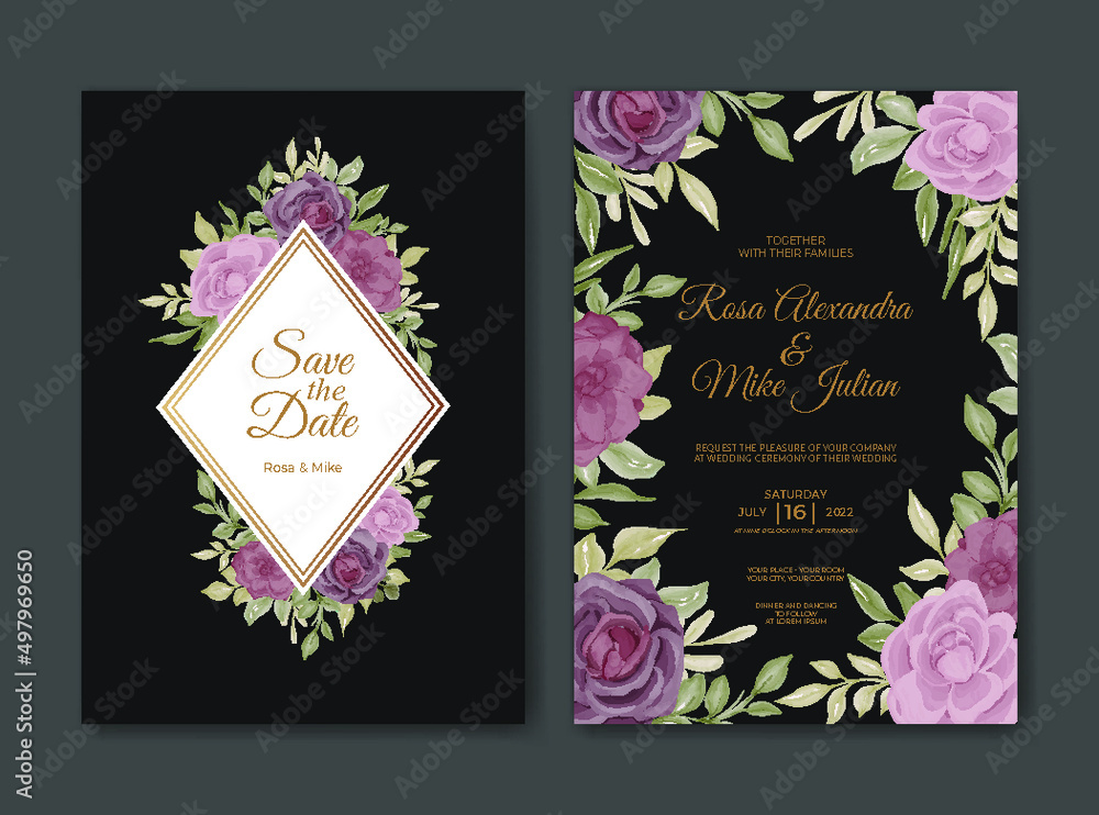 Obraz premium wedding invitation with rose and leaves watercolor decoration