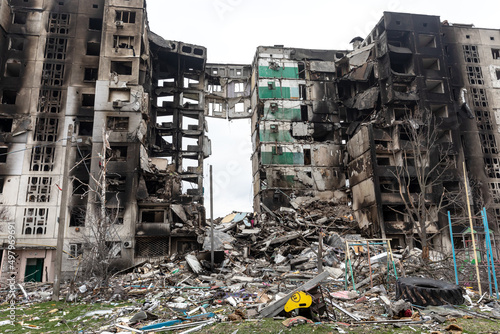 War in Ukraine. Ruined houses of Borodianka, Ukraine photo