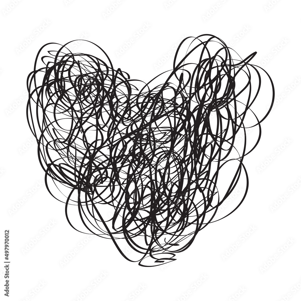 Tangled heart on white. Chaos pattern. Scribble sketch. Background with array of lines. Intricate chaotic texture. Black and white illustration. Doodle for poster or flyer Tangled heart on white. Chaos pattern. Scribble sketch. Background with array of lines. Intricate chaotic texture. Black and white illustration. Doodle for poster or flyer