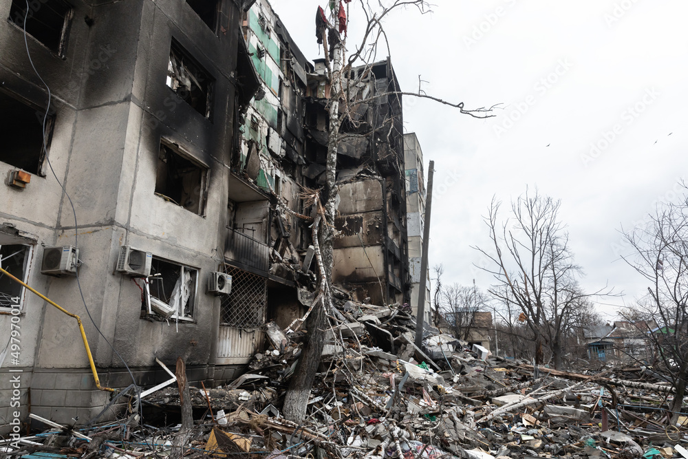 War in Ukraine. Ruined houses of Borodianka, Ukraine