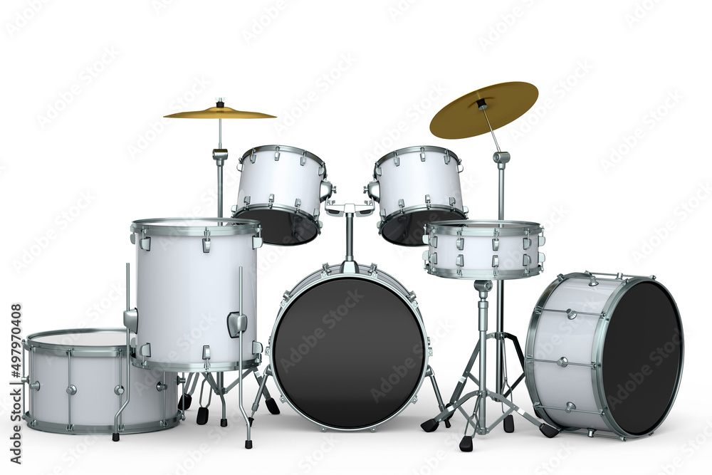 Set of realistic drums with metal cymbals or drumset on white background Set of realistic drums with metal cymbals or drumset on white background